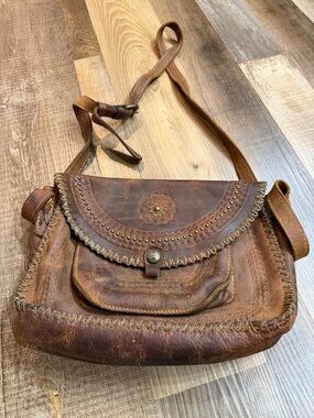 Patricia Nash Rust Brown Leather Crossbody Bag with Floral Detailing
